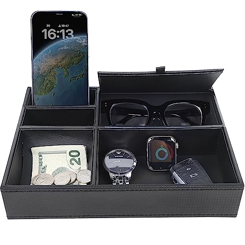 Zcaukya Men's Valet Tray, 5 Compartments, Black | Jewelry Box Nightstand Organizer, For Phone Keys Wallet Watch Glasses