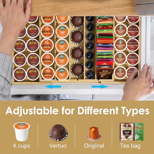 Bamboo K Cup Holder, Compatible with Nespresso Vertuo Capsules | 25-45 K Cup Drawer Organizer, Expandable K Pods Storage Tea bag organizer for Home Office and Kitchen