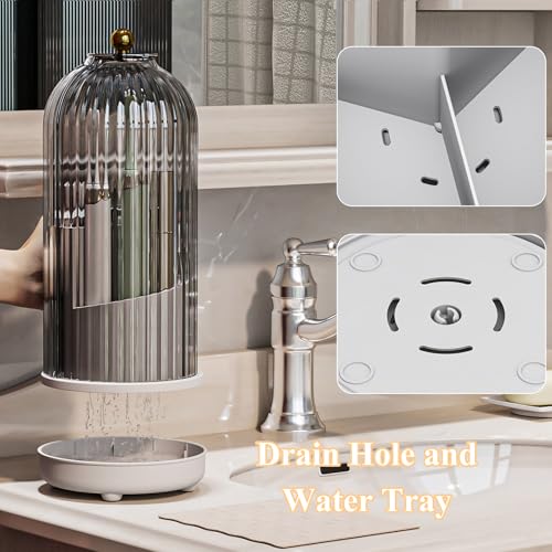 Drainable Toothbrush Toothpaste Holders with Cover, Grey White | Drainage Holes, Waterproof and Dustproof, 360° Rotating Base, Sliding Door, for Bathroom Counter