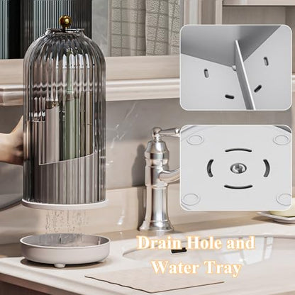 Drainable Toothbrush Toothpaste Holders with Cover, Grey White | Drainage Holes, Waterproof and Dustproof, 360° Rotating Base, Sliding Door, for Bathroom Counter