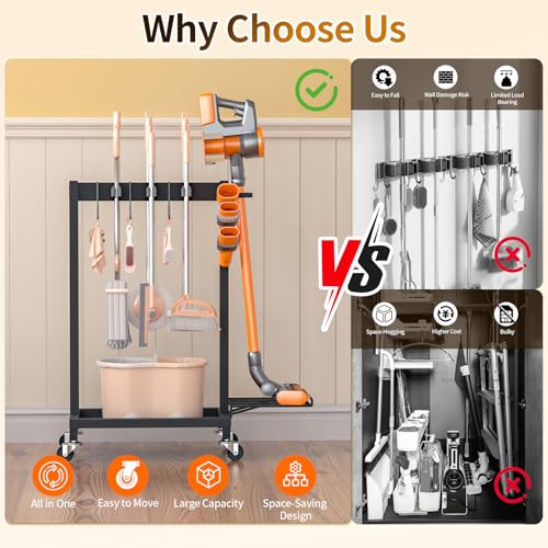 Broom Holder with Cleaning Supplies Organizer, 18" Wx11.8 Dx34.6 H | Load 160 LBS, Cleaning Cart with Wheels, 6 Mop Hanger Grippers, 3 Double-Hooks, Vacuum Stand for Laundry Garage Organization