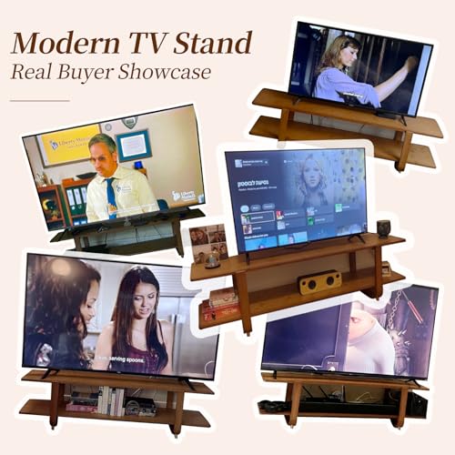 Walnut TV Stand for 65-Inch TVs, 2 Open Shelves, Modern Media Console | Bamboo Construction, Mid Century Style, Open Storage for Electronics and Decor in Living Rooms and Bedrooms