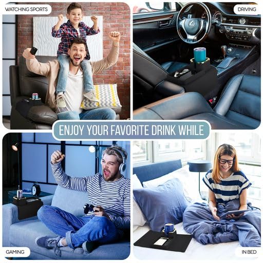 LifeBox Couch Cup Holder Tray & Coffee Cup - Silicone Sofa Cup Holder Couch Arm Rest - Cup Holder Couch Caddy - Cup Holder for Recliner Chair Arm - Couch Remote Holder for Couch Arm Table Black