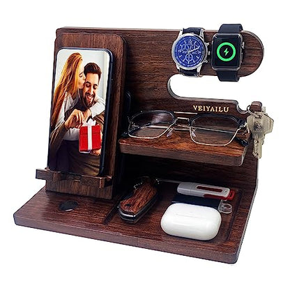 VEIYAILU Gifts for Men Women Brother Boss Boyfriend Him Nightstand Organizer Gifts for Dad from Daughter Son Wood Phone Docking Station (Dark Brown)