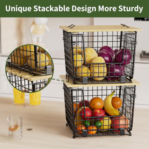 2 Pack Stackable Potato Onion Bins, Pantry Organizers and Storage | Wire Basket with Breathable Design for Garlic Fruits Vegetables Storage, Kitchen Counter Organizer