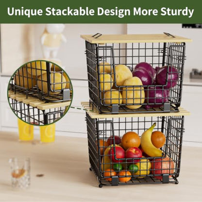 2 Pack Stackable Potato Onion Bins, Pantry Organizers and Storage | Wire Basket with Breathable Design for Garlic Fruits Vegetables Storage, Kitchen Counter Organizer