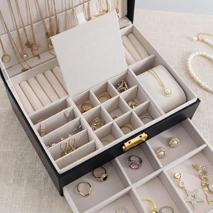 GUOER Jewelry Box for Women Girls, Two Layers Jewelry Organizer (Black) | Vintage Quilted Stitching PU Leather, Earrings Bracelets Rings Necklace Watches Storage Large Jewellery Holder Case Gifts