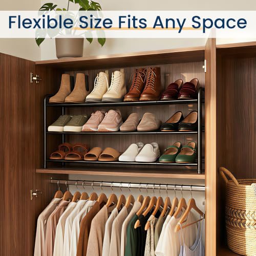 ENJOYBASICS 3 Tier Expandable Shoe Rack, Metal Small Shoes Shelf, Black | Free Standing Shoe Holder for 12 Pairs, Sturdy Shoe Organizer for Closet, Entryway, Under Bed ,Front Door, Bedroom