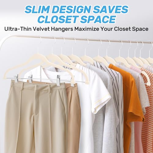Velvet Pants Hangers 20 Pack with Adjustable Clips, Beige | Space-Saving Slim Felt Hangers; Heavy Duty Non-Slip Flocked Clothes Hangers; Pants, Skirts, Dresses, Jeans
