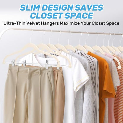 Velvet Pants Hangers 20 Pack with Adjustable Clips, Beige | Space-Saving Slim Felt Hangers; Heavy Duty Non-Slip Flocked Clothes Hangers; Pants, Skirts, Dresses, Jeans