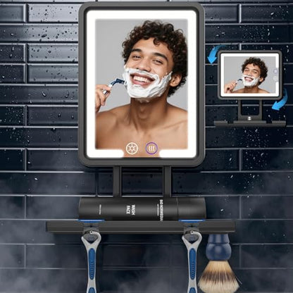 Shinowa Shower Mirror Fogless for Shaving with Light 360° Adjustable, Black | Rechargeable Anti-Fog Shaving Mirror, Large Storage Tray & Razor Holder, Dimmable Lights with 3 Colors, IP66 Waterproof
