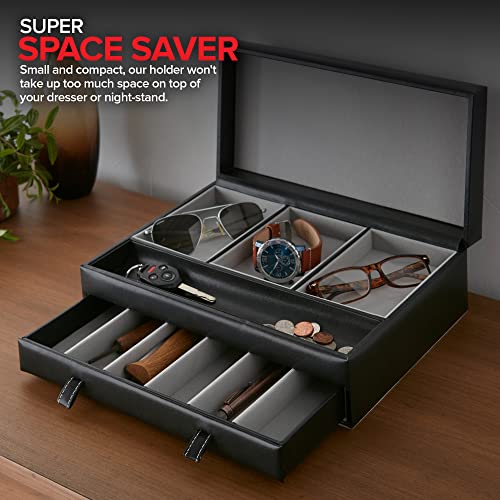 Mens Valet Tray, Men's Jewelry Box, Night Stand Organizers and Storage, Bedside Table Organizer, Watch Box for Dresser, Faux Leather (Black & Gray) Stock Your Home