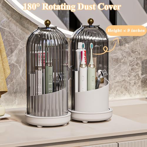 Drainable Toothbrush Toothpaste Holders with Cover, Grey White | Drainage Holes, Waterproof and Dustproof, 360° Rotating Base, Sliding Door, for Bathroom Counter