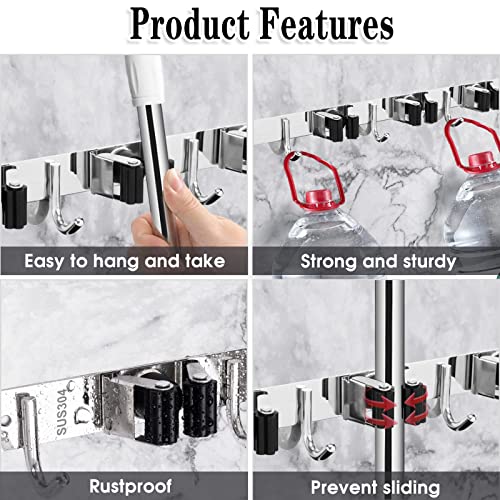 AceMining Broom Holder Wall Mount, 5 Racks 4 Hooks Heavy Duty Mop Organizer | Mop Holder Wall Mount and Broom Hanger for Garage, Laundry Room, Kitchen and Utility Storage