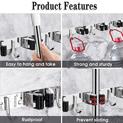 AceMining Broom Holder Wall Mount, 5 Racks 4 Hooks Heavy Duty Mop Organizer | Mop Holder Wall Mount and Broom Hanger for Garage, Laundry Room, Kitchen and Utility Storage