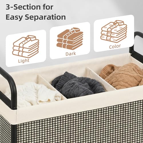STORAGE MANIAC Rolling Laundry Hamper with Wheels 3-Section Laundry Sorter Rolling Laundrys Basket on Wheels with Removable Bag Clothes Hamper Laundrys Organizer Cart Bathroom Bedroom 120L Beige