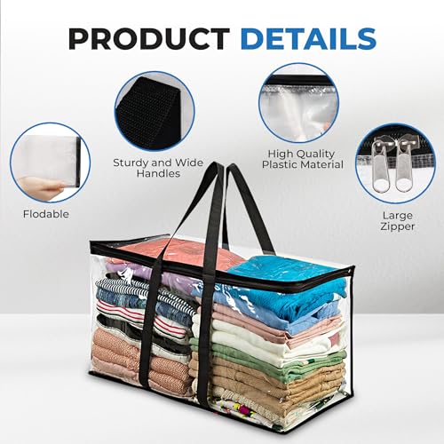 Clear Moving Bag (4-Pack) 25x14x12 - Zipper, Blankets, Breathable | Breathable Non-Woven Sides, Foldable, Comforters, Bedding, Clothes, Sweaters, College, Dorm, Packing