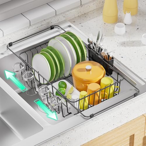 Simple Trending Expandable Dish Drying Rack in Sink, Black | Adjustable Dish Rack with Utensil & Cup Holder for Kitchen Counter, Dish Drainer Inside Sink, Over the Sink, Non-Slip Feet