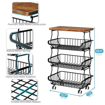 4 Tier Vegetable Fruit Basket for Kitchen, Stackable Metal Fruit and Vegetable Storage Baskets with Rolling Wheels Cart, Fruteros Para Cocina Potato and Onion Bin Pantry Kitchen Island Cart Counter