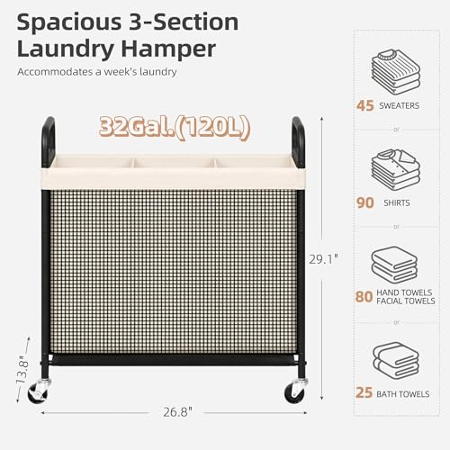 STORAGE MANIAC Rolling Laundry Hamper with Wheels 3-Section Laundry Sorter Rolling Laundrys Basket on Wheels with Removable Bag Clothes Hamper Laundrys Organizer Cart Bathroom Bedroom 120L Beige