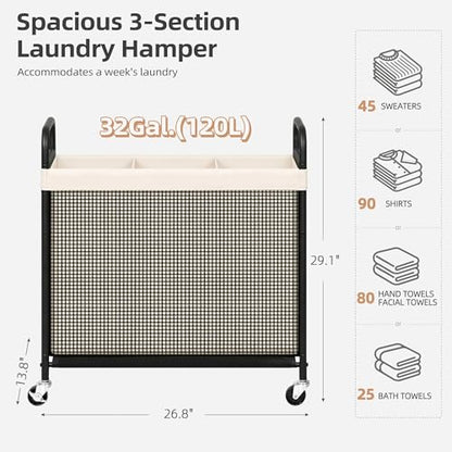 STORAGE MANIAC Rolling Laundry Hamper with Wheels 3-Section Laundry Sorter Rolling Laundrys Basket on Wheels with Removable Bag Clothes Hamper Laundrys Organizer Cart Bathroom Bedroom 120L Beige