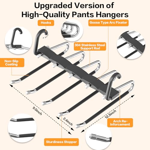 Pants Hangers Space Saving - 2 Pack Closet Organizer and Storage Jean Hangers, Stainless Steel Anti-Slip Clothes Hanger Scarf Holder for Pants Jeans Leggings Trousers Pant Rack, Black
