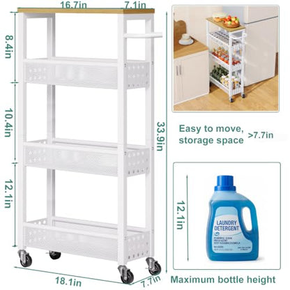 Utility Slim Rolling Cart with Table Top, Narrow Laundry Room Organization and Storage Shelves for Between Washer and Dryer Gap, White Skinny Bathroom Shelf on Wheels,Small Detergent Organizer Cabinet
