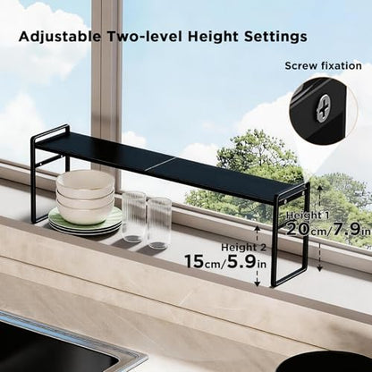 Expandable Narrow Shelf Organizer with 2-Level Adjustable Height | Black, Tall Countertop Organizer for Tight Spaces, Windowsill Plant Stand, Over-Sink/Faucet Shelf, Kitchen Counter Storage