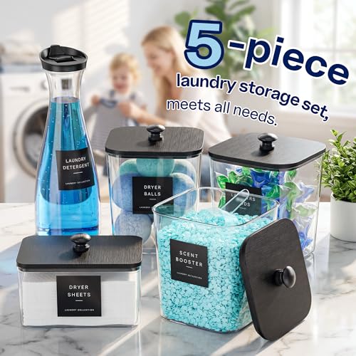 3+1+1 Pack Laundry Pods Container & Dryer Sheet Holder with Lid | 54OZ Soap Detergent Dispenser, Black Laundry Room Organization and Storage