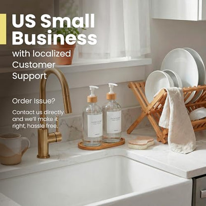 MaisoNovo Glass Dish Soap Dispenser for Kitchen Set of 2-16.9oz Clear Dish and Hand Soap Dispenser Set for Kitchen - Clear Glass Bottles x 2 with White Bamboo Pumps & Tray