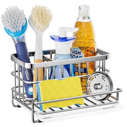 HapiRm Kitchen Sink Organizer, SUS304 Stainless Steel Rustproof Multifunctional Large Sink Caddy with Sponge Holder and Drain Tray for Kitchen Countertop (Silver)