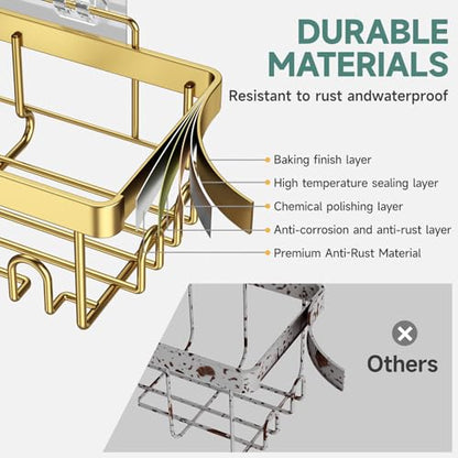 Veken Adhesive Shower Caddy 6-Pack,Gifts for Women Mom,Heavy Weight Bearing,Large Wall Mounted Bathroom Shelves Rack,Organizer Storage Accessories with Soap Dish&Toothbrush Holder,Bright Gold