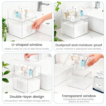 Disposable Face Towel Storage Box Compatible with Clean Skin Club XL, 3-in-1 Detachable 2-Layer for Cleaning Accessories, Face Towel Holder for Bathroom, Vanity Makeup, Holds 50, Clear Acrylic