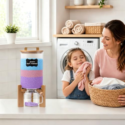 Laundry Detergent Dispenser,Glass Laundry Powder Dispenser with Bamboo Base，Suitable for Scent Beads and Powdered Laundry Detergents in the Laundry Room，Capacity: 4L/8lb/128oz