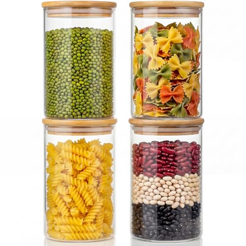 32 oz Round Glass Food Storage Containers with Airtight Bamboo Lids, 4 Pack | Stackable Pantry Jar for Flour, Sugar & Rice, Durable Borosilicate Glass Canister Keep Food Dry & Fresh, Easy to Fill & Clean