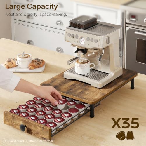 Coffee Pod Drawer Holder, Coffee Pod Drawer for K Cup, 35 Capacity Coffee Capsules Storage Organizer, Sliding Mesh Basket, for Home Office, Kitchen, Rustic Brown KH08BRG1