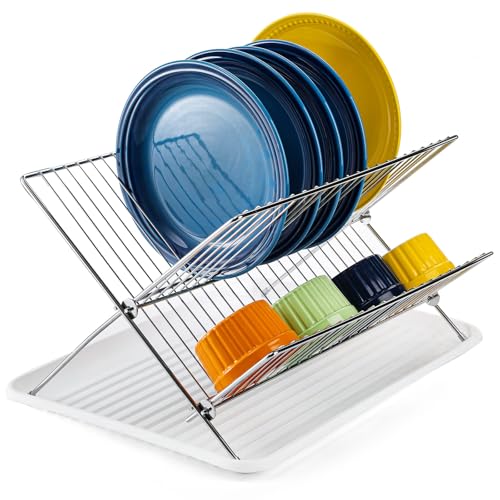 Foldable Dish Drying Rack with Drip Tray, Stainless Steel 2 Tier Dish Drainer Rack, Collapsible Dish Drainer, Folding Dish Rack for Kitchen Sink, Countertop, Cutlery, Plates, Dishes