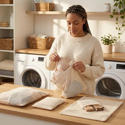 4-Piece 100% Cotton Mesh Laundry Bags, Premium Soft No-Dye Natural Delicate Bags with Sturdy Zippers, Breathable for Underwear, Socks, Clothes & Pants