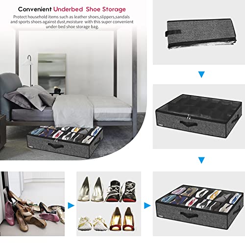 Onlyeasy Sturdy Under Bed Shoe Storage Organizer, Set of 2, Fit 12 to 24 Pairs, Underbed Shoes Closet Storage Solution with Clear Window, Breathable, L29.3 x W23.6 x H5.9, Linen-like Black, MXAUBSB2P