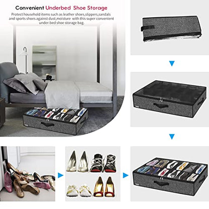Onlyeasy Sturdy Under Bed Shoe Storage Organizer, Set of 2, Fit 12 to 24 Pairs, Underbed Shoes Closet Storage Solution with Clear Window, Breathable, L29.3 x W23.6 x H5.9, Linen-like Black, MXAUBSB2P