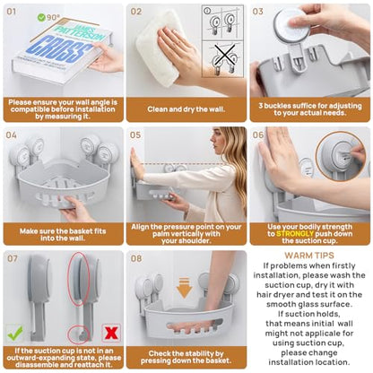 Corner Shower Caddy Suction Cup, Shower Basket Suction Bathroom | Grey Shower Caddies, Waterproof & Rustproof Bathroom Organizer, No-Drilling Shower Rack, Removable
