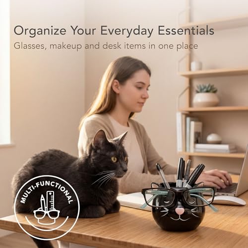 Cat Glasses Holder Stand and Vase - Black Cat Ceramic Sunglasses and Eyeglasses Stand Cat Lady Gift Display and Decor Organizer for Desk Accessories and Stationery Items