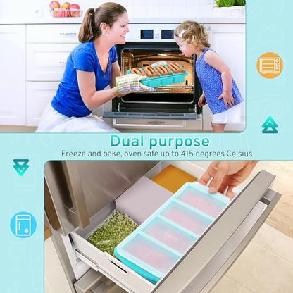 Silicone Freezer Tray with Lid, 1-Cup, 2-Pack, Aqua | BPA-free, leakproof lid, easy-release, stackable, dishwasher-safe. Great for soups, sauces, leftovers, meal prep, baby food.