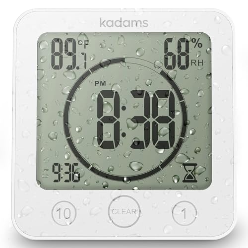KADAMS Shower Clock Waterproof Bathroom Timer – Digital Wall Clock with Countdown, Magnetic Kitchen Clock with Temperature & Humidity, Suction Cup for Kids Shower Spa Sauna Cook Bath, White