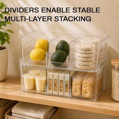 6-Pack Pantry Organizers and Storage, Clear Fridge Organizer Bins | Clear stackable plastic bins with removable dividers for packets, snacks, pouches and spices in pantry, fridge or freezer.