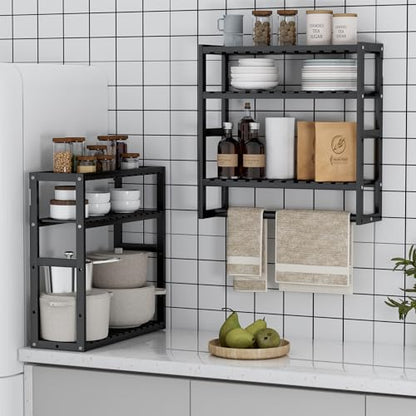 PPN Towel Rack Bathroom Storage Shelves Over The Toilet with Towel Bar 100% Bamboo Adjustable Height Floating Shelf Wall Shower Shelf for Small Space Bathroom Kitchen Multi Usage (Black-1Pack)