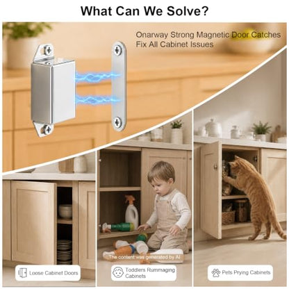 Strong Cabinet Magnets for Closure 40 lbs 4 Pack - Hold Warped Doors Tight | Magnetic Door Catches/Latches Stainless Steel for Cupboard Closet Drawer Window - No Measure or Mark Install in 5 Mins