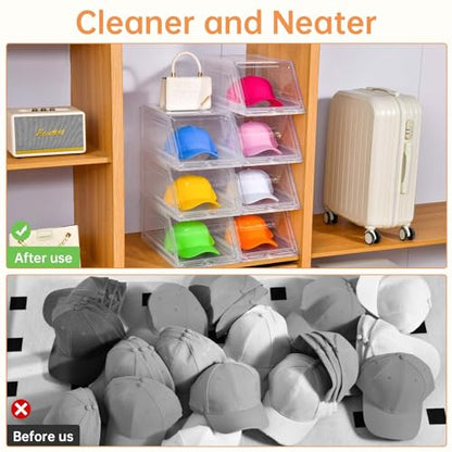 Stackable Clear Hat Organizer for Baseball Caps with Sliding Drawer | 2 Pack, Each Holds 12 Caps, Hat Storage Box for Closet, Transparent Hat Holder Display Case, Space-saving, Plastic