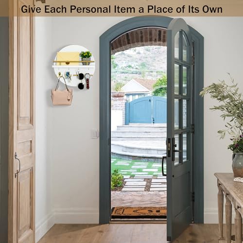 Key Holder for Wall Decorative with Shelf and Hooks, Mail Organizer Wall Mount with Sunglasses Holder, Circular Design Entryway Key Rack Hanger, Rustic Home Decor Boho Wall Decor (White)