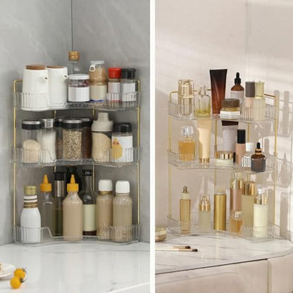 INVSSENE Corner Bathroom Countertop Organizer, Vanity Trays for Counter, Makeup Organizers, Perfume Tray, Kitchen Spice Rack, (Clear, 3 Tiers)